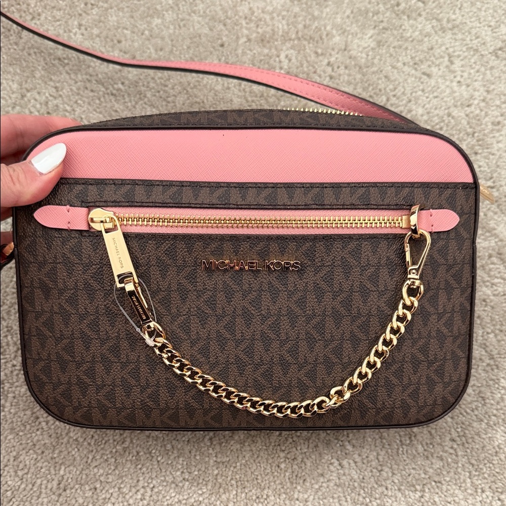 Michael Kors Brown MK Signature Crossbody with Pink Trim and Gold Chain